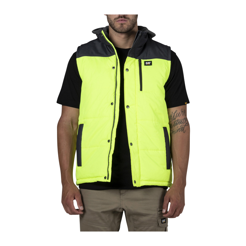 Men's Caterpillar Hi Vis Hooded Work Vests Yellow/Black | Cat-510738