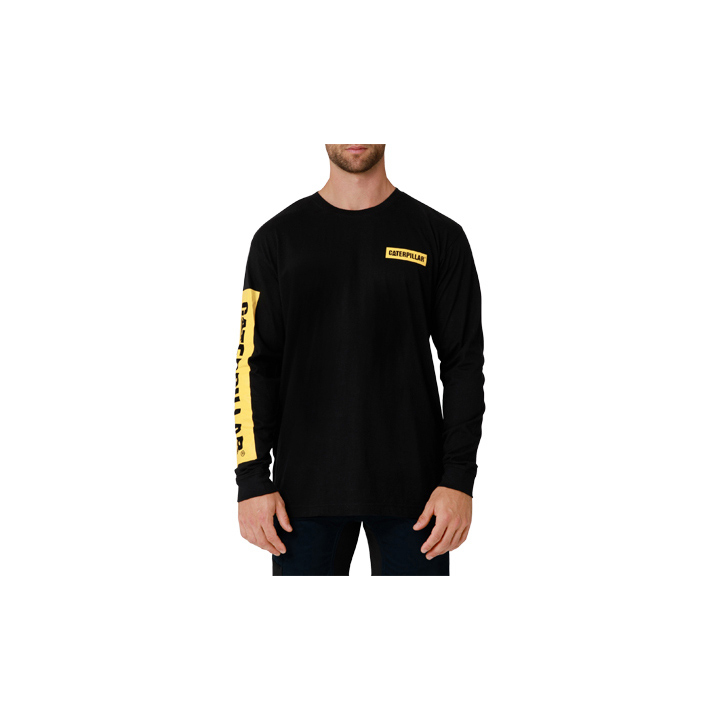 Men's Caterpillar Icon Block Long Sleeve T-Shirts Black/Yellow | Cat-431692