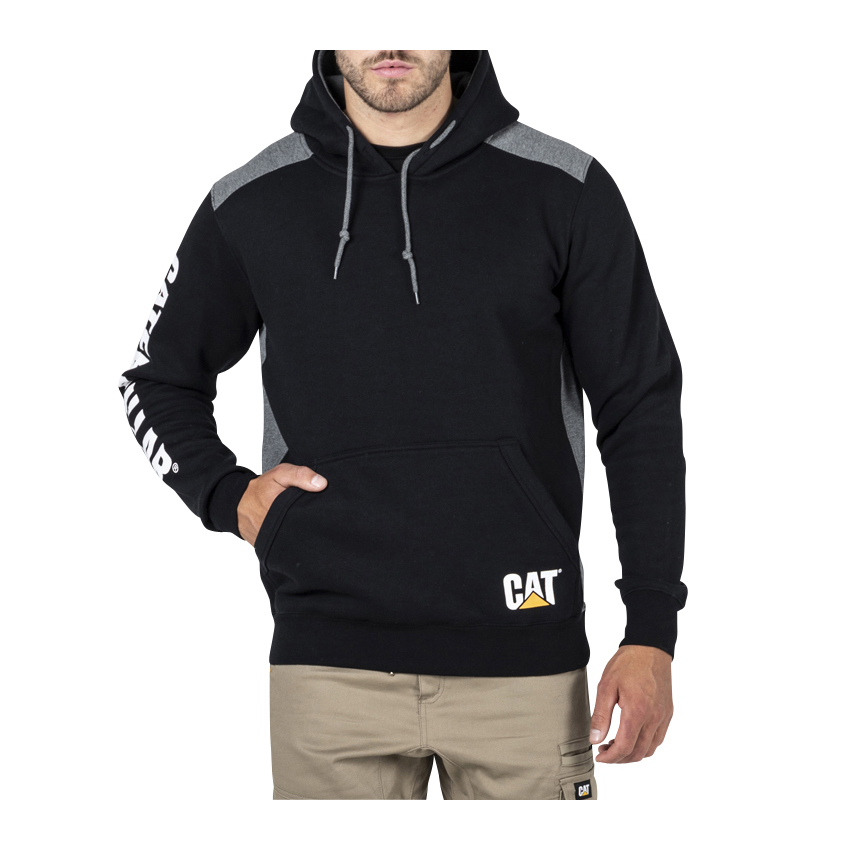 Men's Caterpillar Logo Panel Hooded Sweat Hoodies Black | Cat-057143