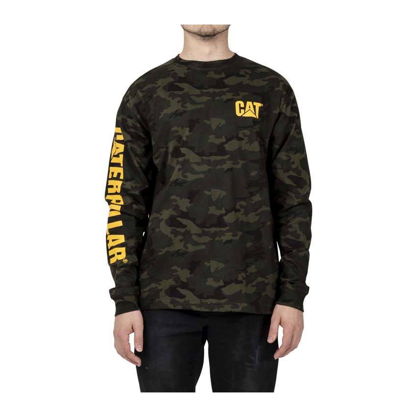 Men's Caterpillar Trademark Banner Long Sleeve T-Shirts Camo | Cat-648590